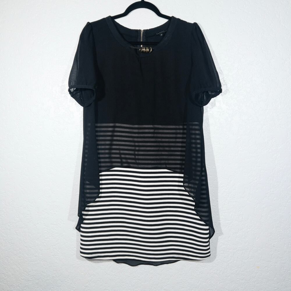 Panitti Black Overlay Striped A-Line Dress Size Medium